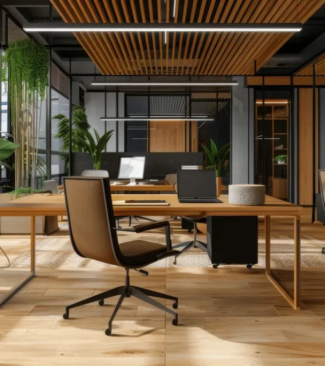 Bureau végétalisé design avec aménagement bois et lumière naturelle